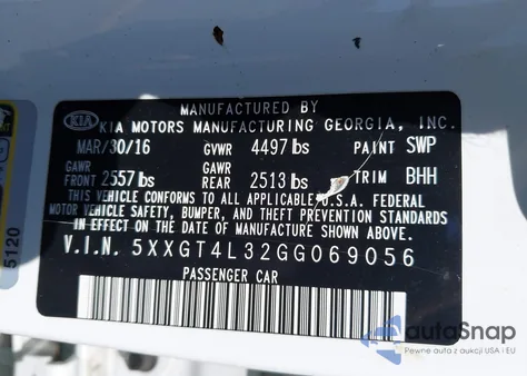 2016 Kia Optima Lx из США, поврежденный, VIN 5XXGT4L32GG069056